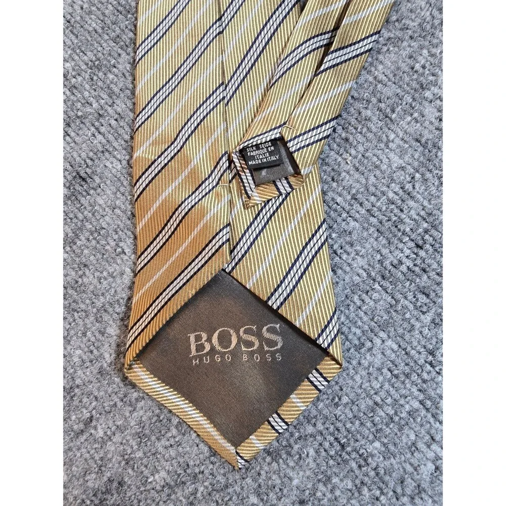 Hugo Boss Made in Italy Silk Tie Gold Black Striped Designer Necktie (Small Spot
